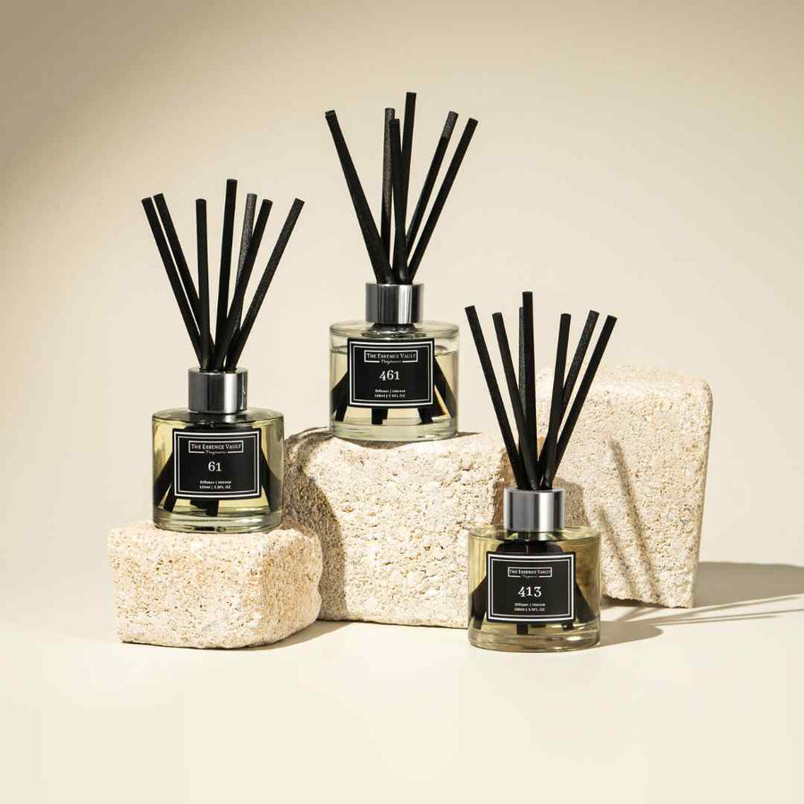 Image of 3 different diffusers from the essence vault, for the blog post 'can you use essential oils in a reed diffuser?